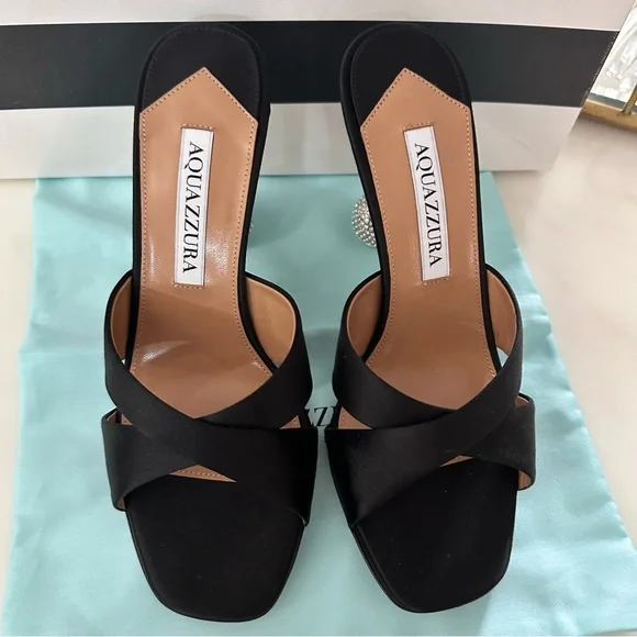 NWT AQUAZZURA Yes Darling 95 satin sandals black size 36.5 - Picture 3 of 9